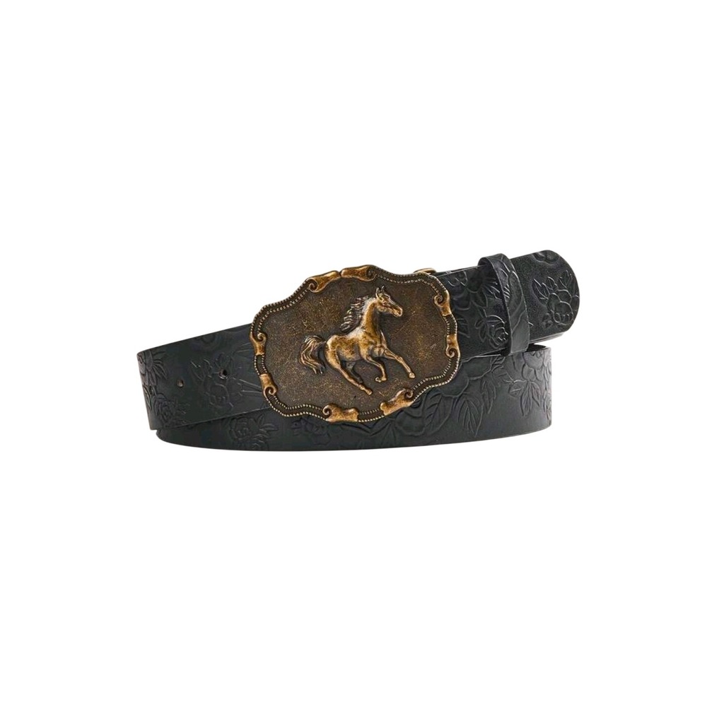 Womens Black Floral Embossed Western Belt Bronze Horse Trophy Buckle Equestrian - Picture 2 of 4